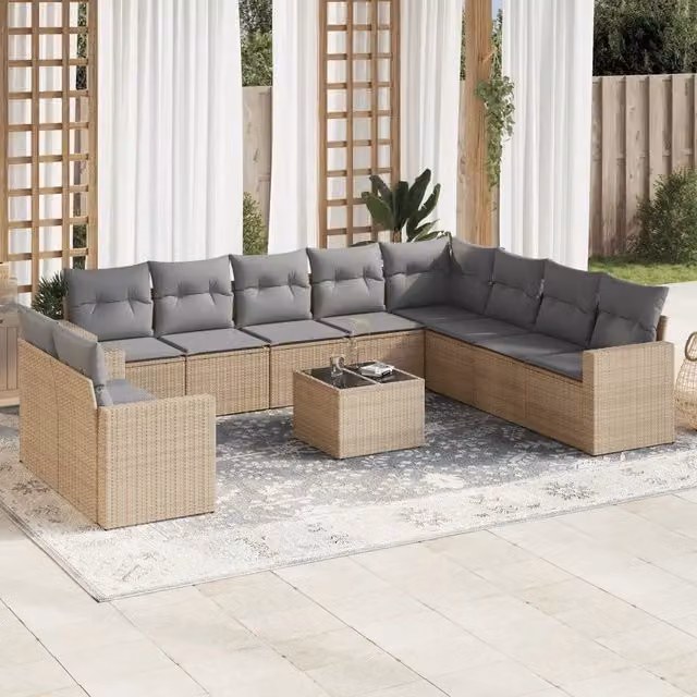 Set di divani da giardino VIDAXL in polyrattan con cuscini beige, 11 pezzi