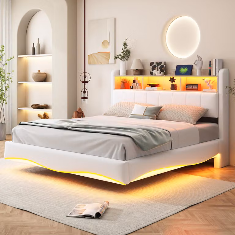 Letto imbottito dal design sospeso 160x200 in tessuto di lino, letto contenitore con luce LED, interfaccia USB e TYPE-C Beige