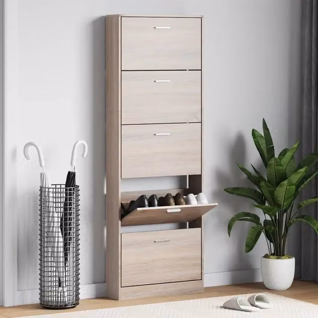Scarpiera a parete vidaXL in legno effetto rovere marrone con scomparti basculanti e ripiani interni