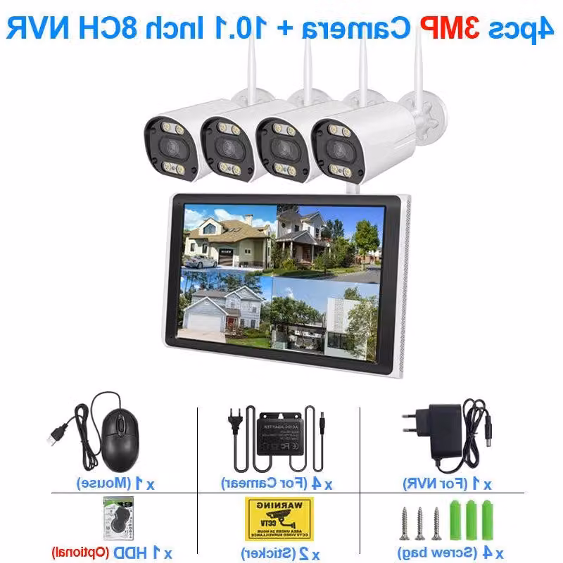 Sistema di telecamere di sicurezza wireless con registratore NVR a 8 canali, schermo LCD da 10,1 pollici, Wi-Fi, risoluzione 3MP e visione notturna (kit da 4 telecamere)