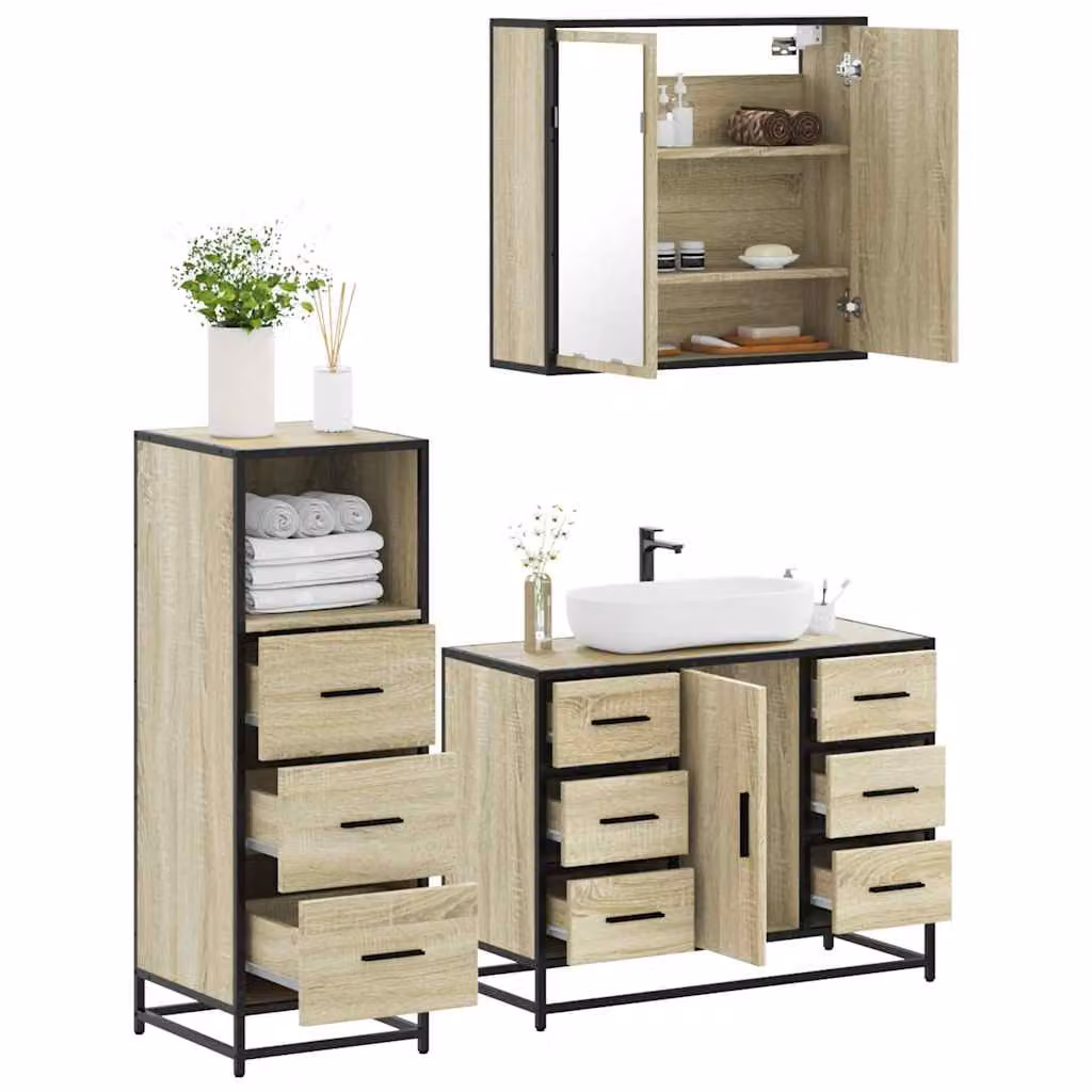 Set di mobili da bagno industrial vidaXL in 3 pezzi color marrone rovere con specchio, mobile lavabo e mobiletto laterale in legno e metallo