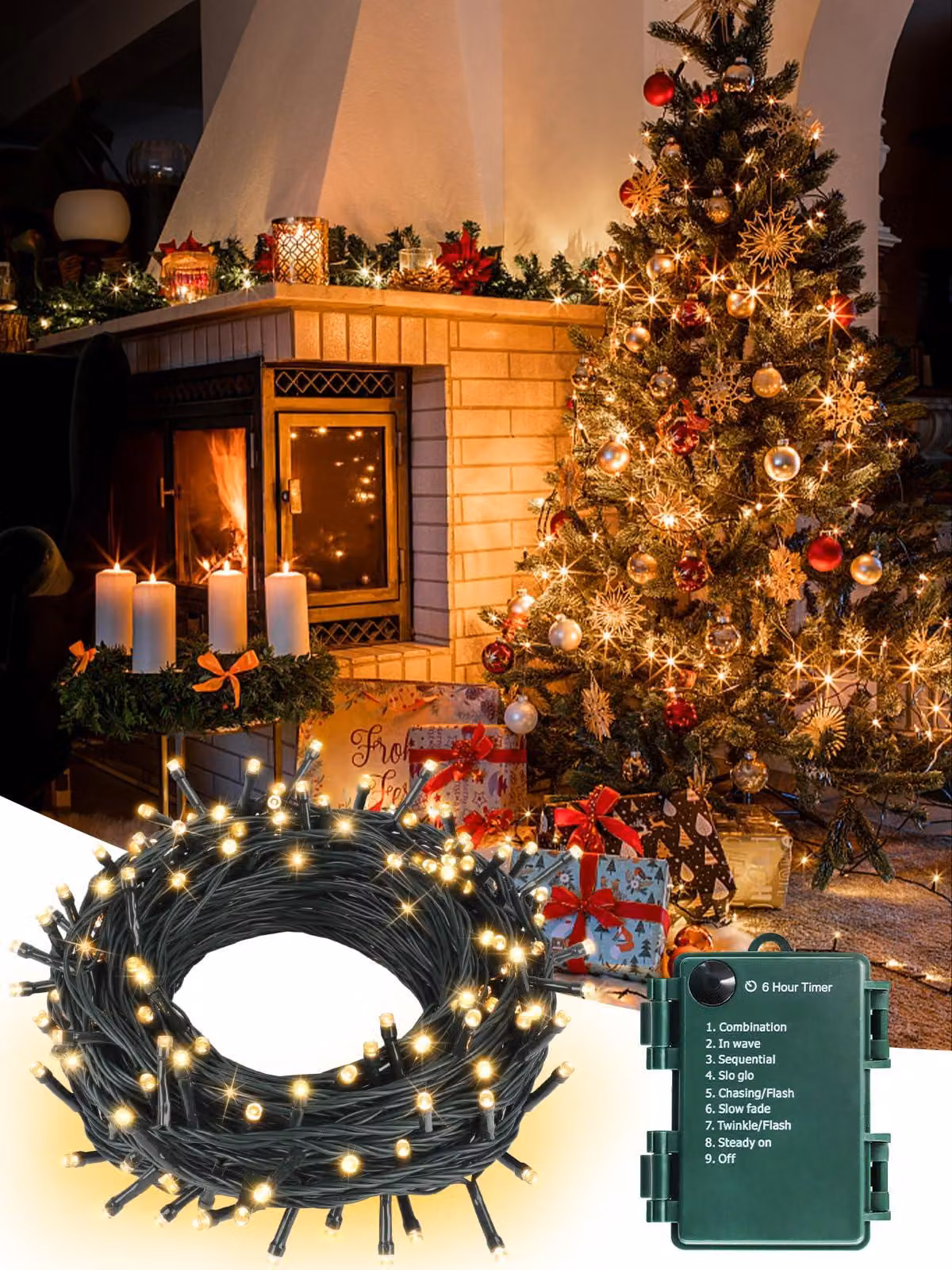 Catena luminosa da 5 metri, con 50 LED, 8 modalità, luce bianco caldo, per interni/esterni, ideale per Natale