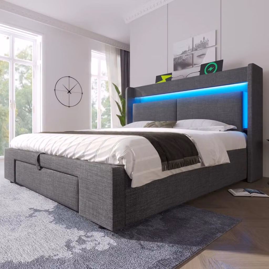 Letto contenitore Mivray con testiera, illuminazione LED e porte USB/USB-C, rivestimento in lino grigio, L/P/H: 140 x 200 x 151 cm – 2