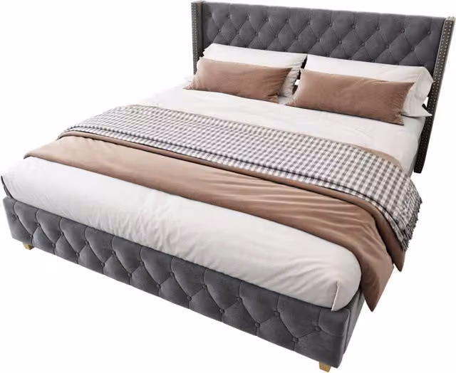 Letto matrimoniale 180x200 in velluto grigio con rete a doghe， senza materasso