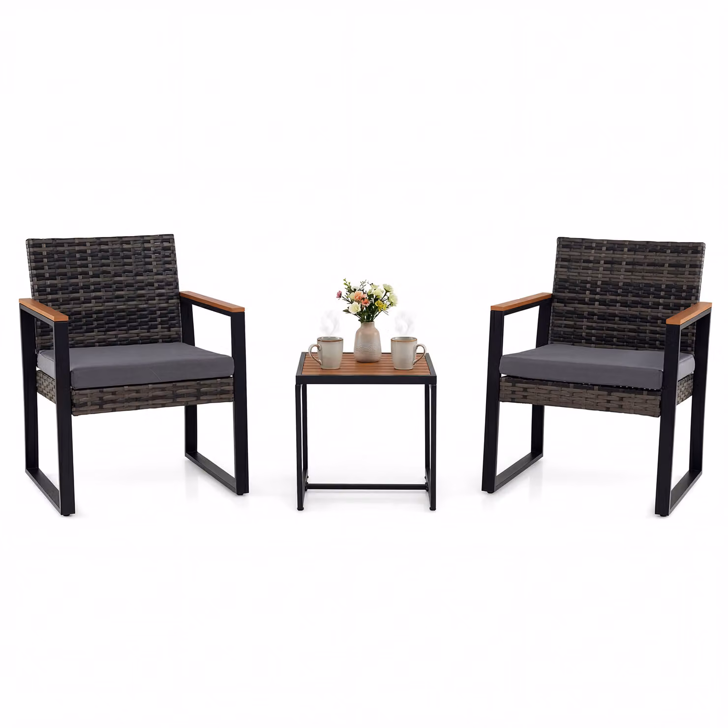 Set di mobili da giardino Costway in rattan grigio composto da 3 pezzi con cuscini imbottiti per balcone e esterno