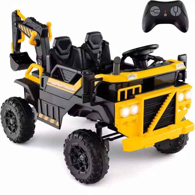 Escavatore elettrico telecomandato con musica e funzioni di sicurezza, colore giallo e nero, L/P/H: 157 x 77,5 x 77 cm