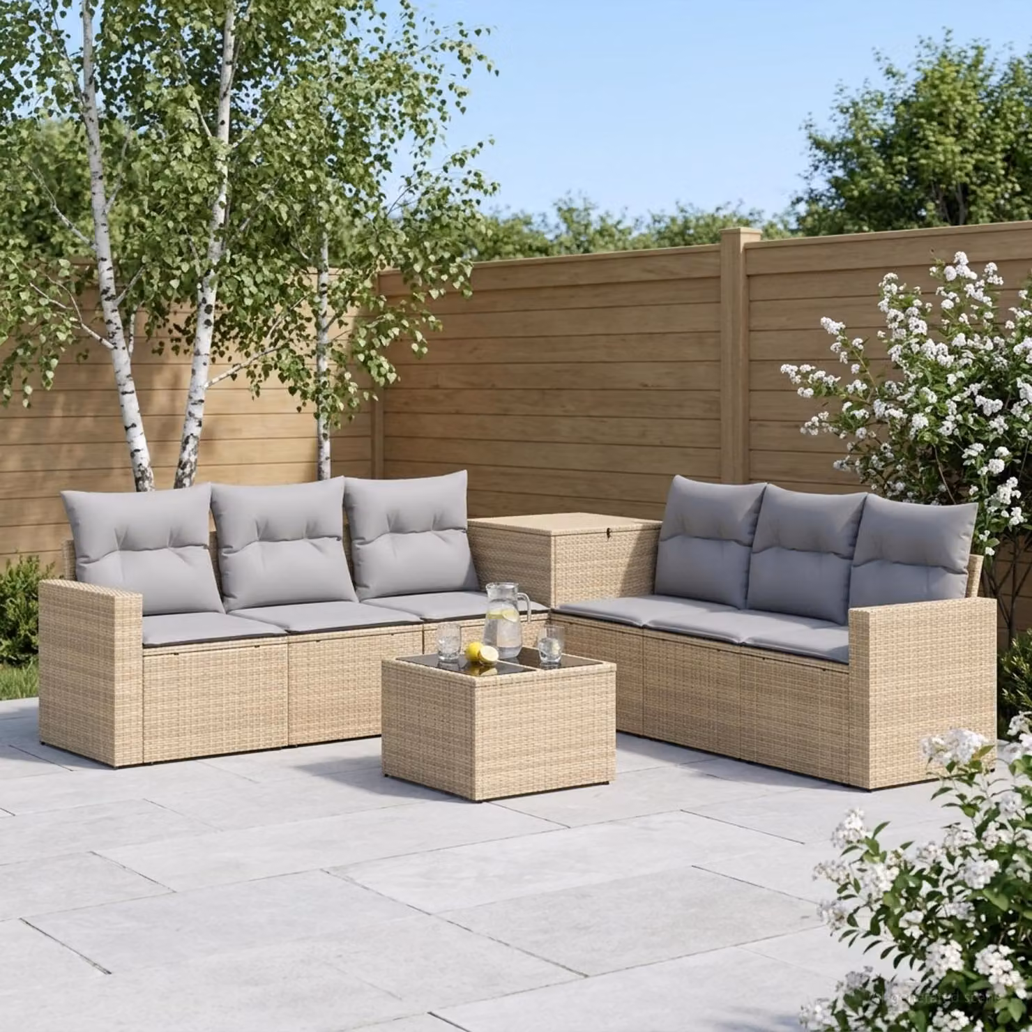 Set da giardino vidaXL in polyrattan 8 pezzi con divani ad angolo, tavolino e cuscini Beige e Grigio