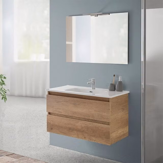 Mobile bagno sospeso Nadia INBAGNO in rovere naturale con lavabo, Larghezza: 90 cm