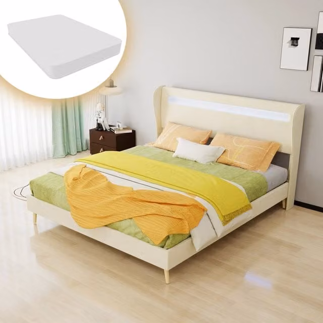 letto imbottito tessuto metallo beige 160 x 200 cm