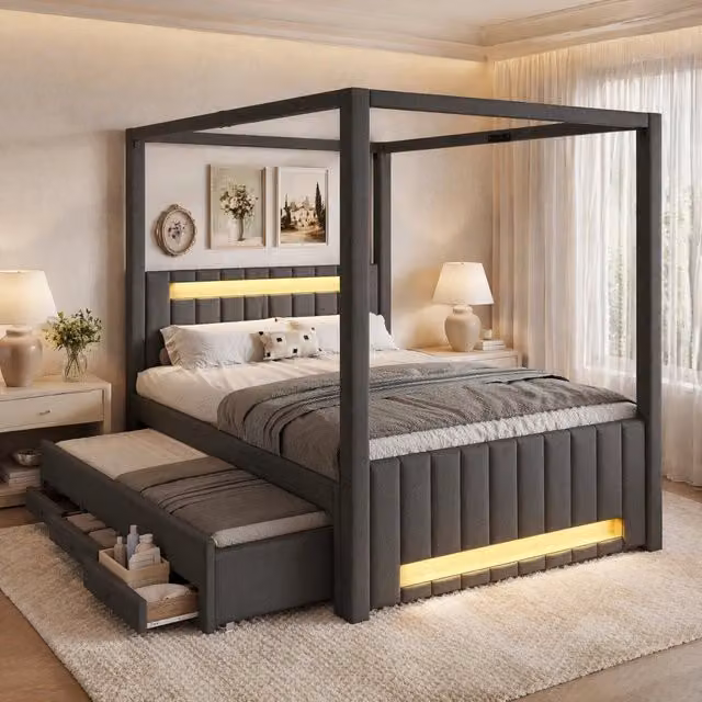 Letto a baldacchino imbottito 140x200 cm con letto estraibile, tre cassetti e illuminazione LED, grigio