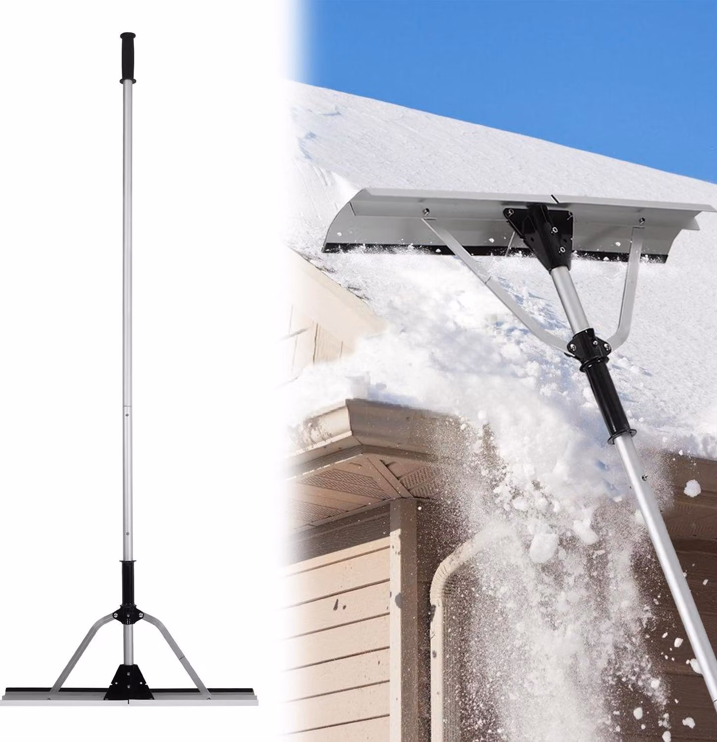 Pala da neve Izrielar per tetti, campo di regolazione 196-636 cm, pala da neve con labbro in gomma e impugnatura antiscivolo, spazzaneve per tetti di case e veicoli, foglie di neve