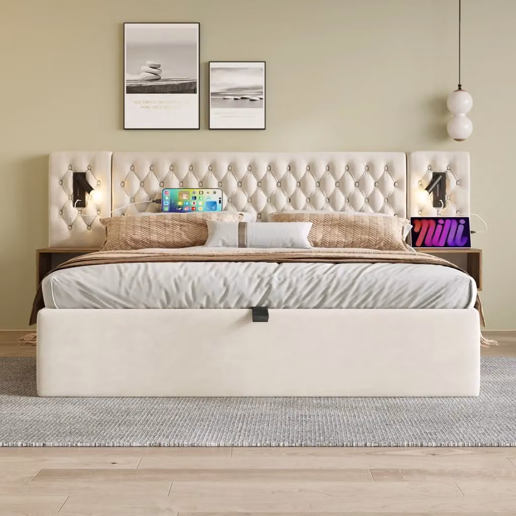 Letto Matrimoniale Contenitore con 2 Comodini, Porte USB e Luci da Lettura, Rivestimento in Velluto Beige, L/P: 180 x 200 cm – 2