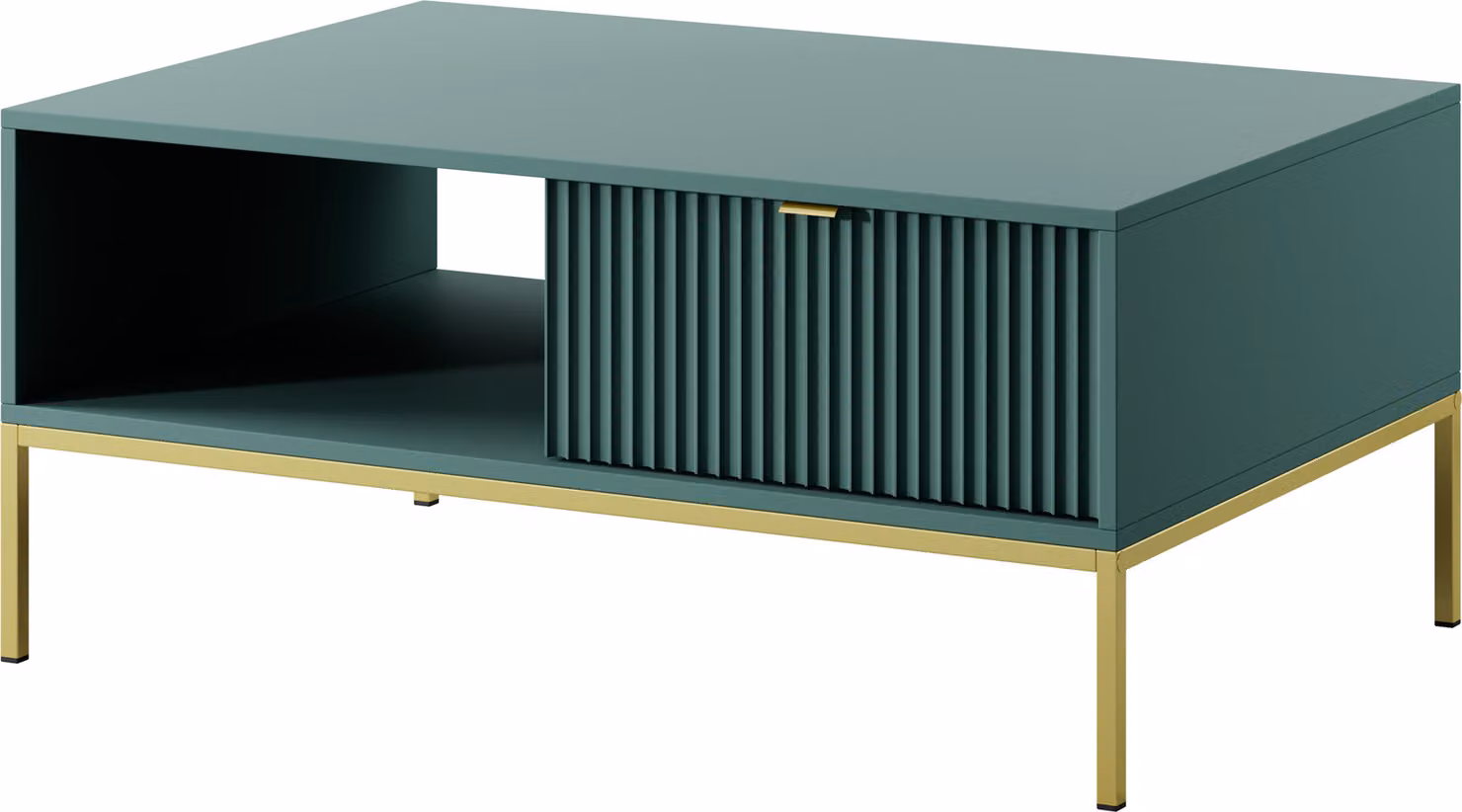 Tavolino con 1 cassetto e 1 ripiano, colore verde, struttura dorata