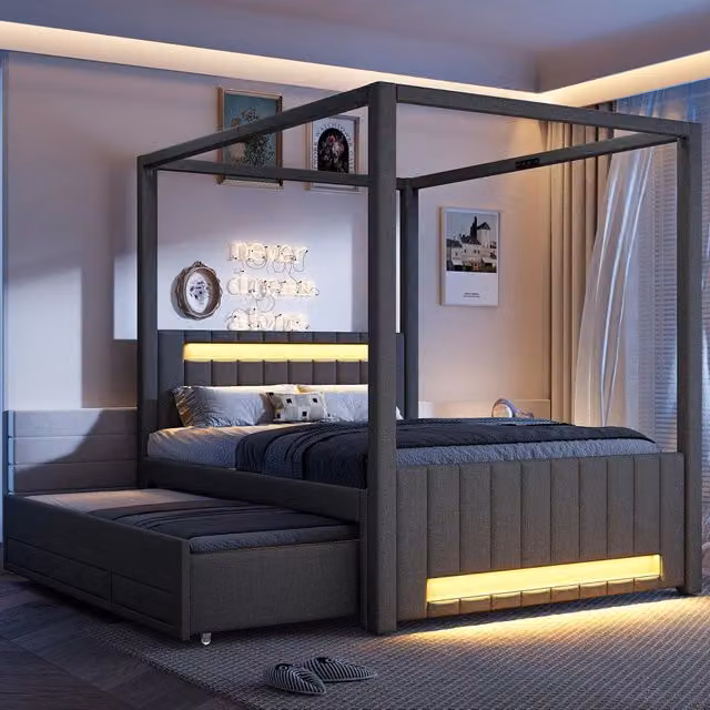 Letto imbottito con baldacchino, letto estraibile e cassetti, 140x200 cm, grigio