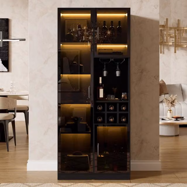 Mobile Vetrina con LED ¨C Minimal ¨C Ante in Vetro, Scomparti Portaoggetti, per Soggiorno
