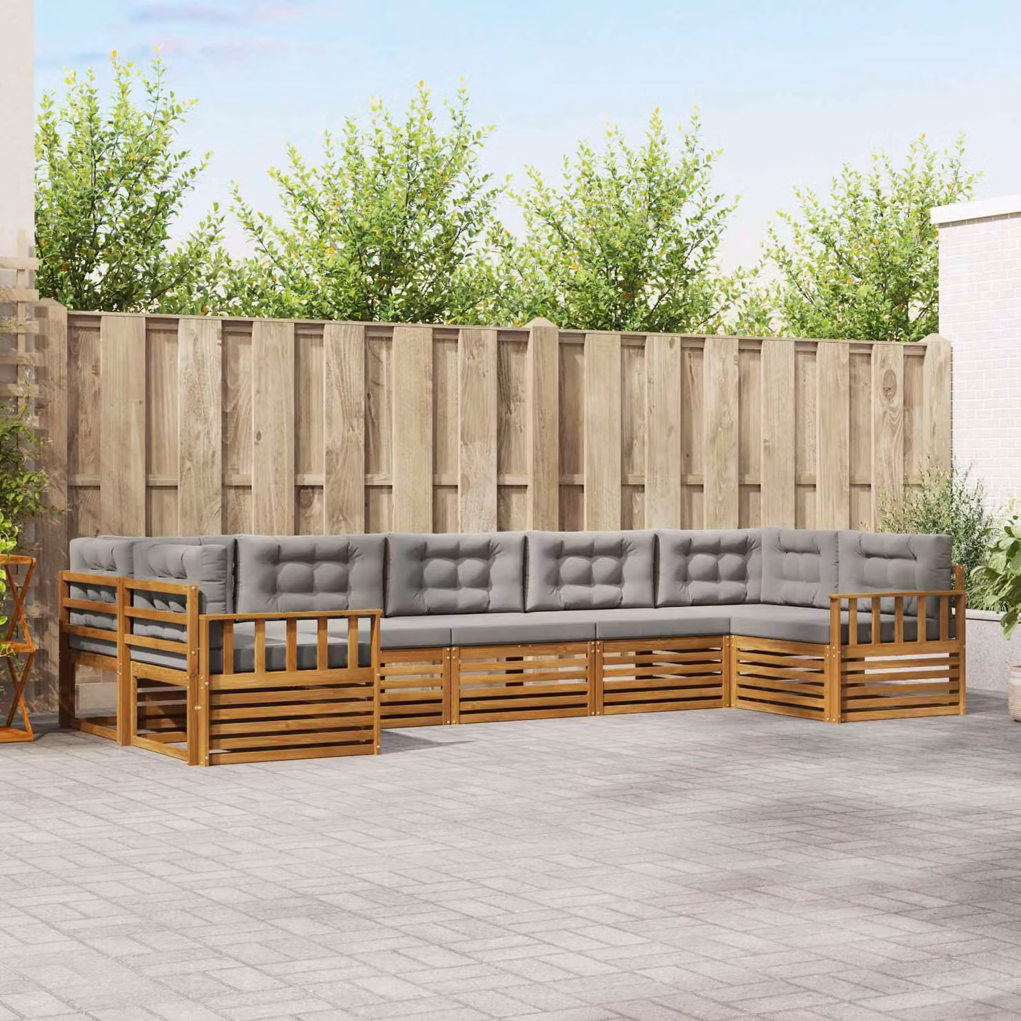 Set di divani da esterno vidaXL a forma di L composto da 7 pezzi in legno di acacia con cuscini in tessuto grigio e marrone