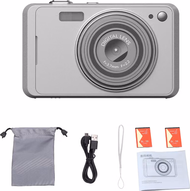 Fotocamera digitale da 64 MP, zoom 16x, videocamera per vlog in 4K con schermo da 2,88 pollici per adolescenti, adulti e principianti, color argento