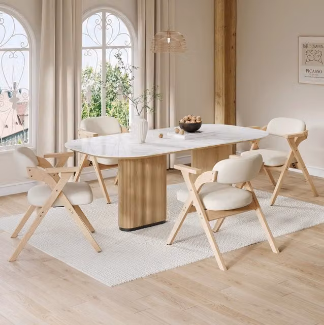 Set da 4 sedie pieghevoli in legno massello con cuscini in lino beige per sala da pranzo