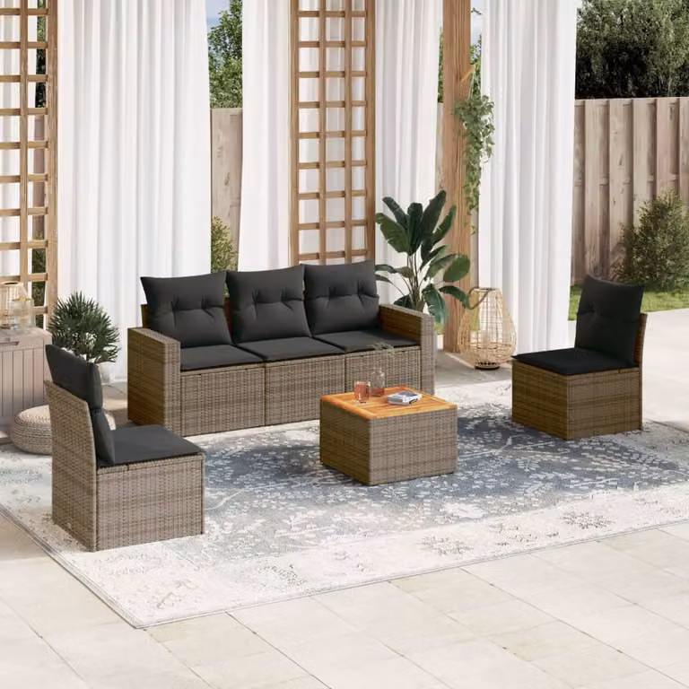 Set Divano da Giardino 6 pz vidaXL in Polyrattan con Cuscini e Tavolino da Caffè Grigio e Marrone