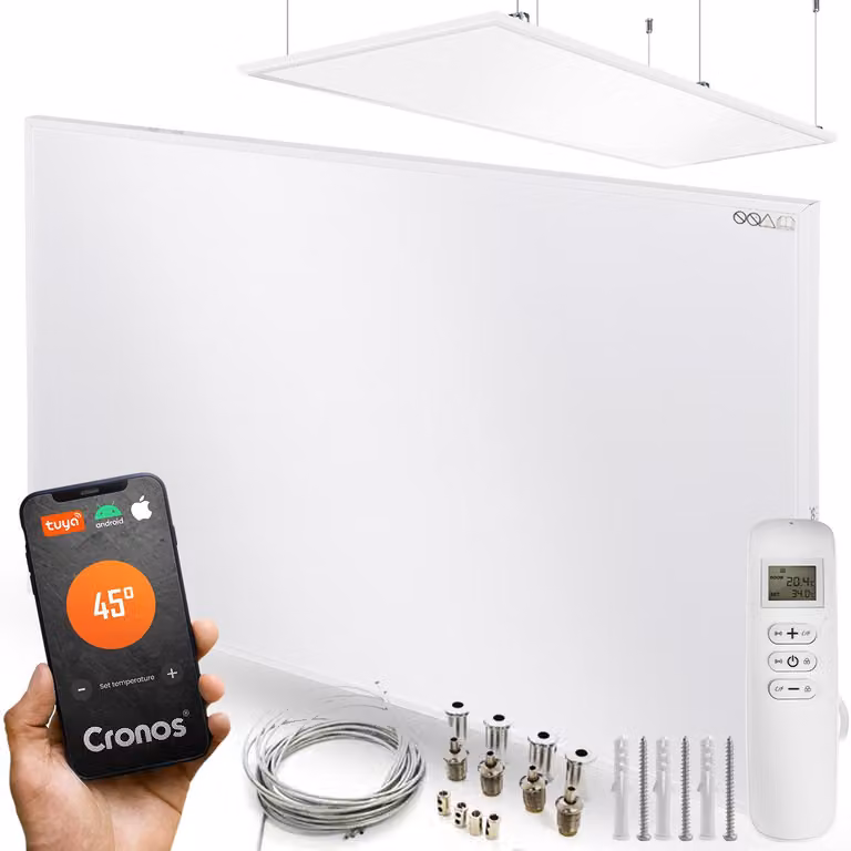 Set di pannelli radianti a infrarossi in grafene CRONOS GP-1100TWP, colore bianco, con supporto a soffitto incluso