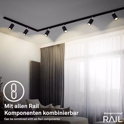 - Sistema di binari "Rail Starterset", 4 faretti GU10 orientabili, espandibile, sistema di binari a soffitto, faretti a binario, lampada da soffitto, plafoniera, proiettore, 1,5 metri, nero