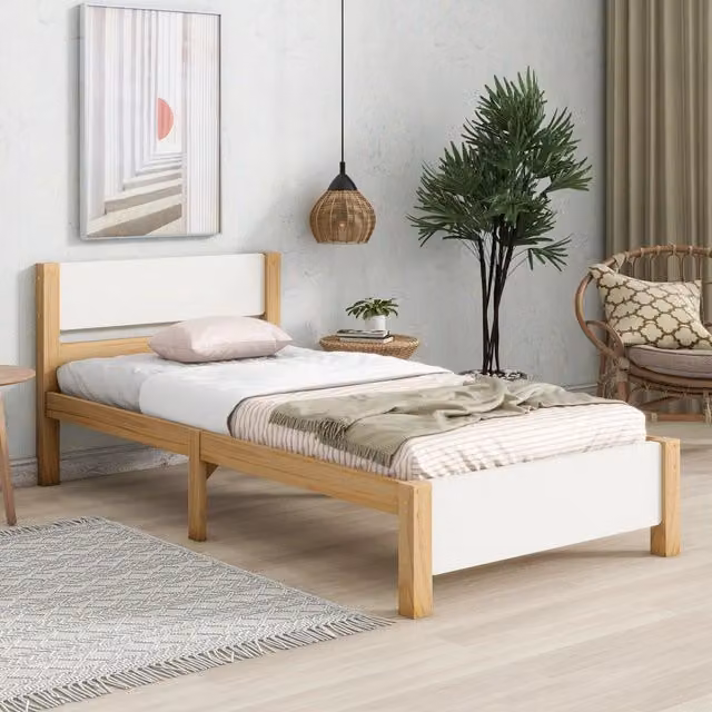 Letto singolo 90 × 200 cm con rete a 15 doghe testiera e pediera in MDF legno bianco e naturale