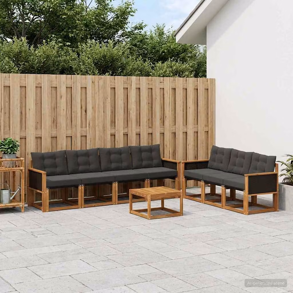 Set di divani da esterno vidaXL 8 pezzi in legno di acacia e textilene, colore marrone e nero, con tavolo da caffè e cuscini inclusi