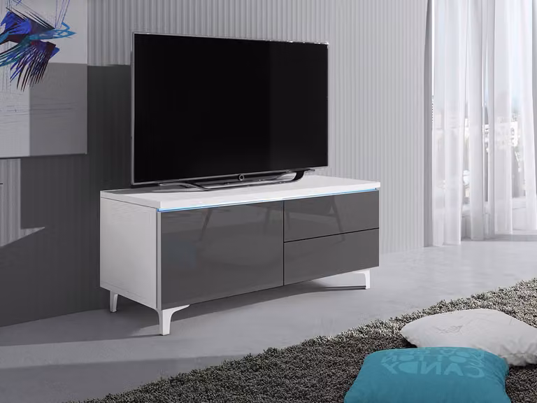 Tavolino per TV su gambe con illuminazione a LED FERNS 11 - bianco / grigio lucido, sinistro