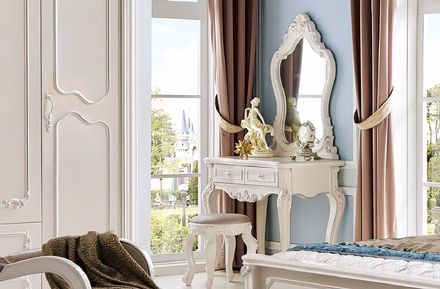 Tisch Klassische Konsole Spiegel Echtholz Schminktisch Schlafzimmer Hocker 2tlg