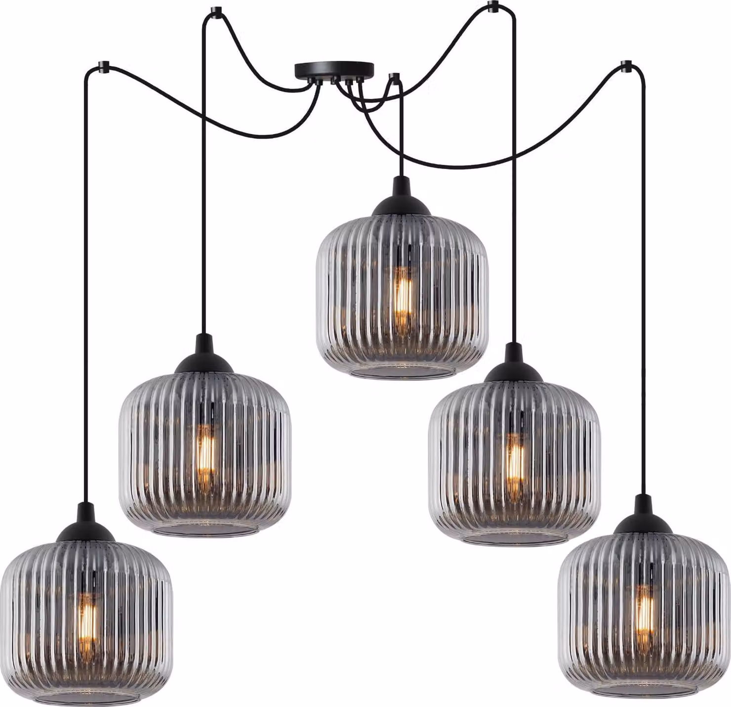 Lampada a sospensione RIFFLE a ragno, nera, a 5 luci, cilindro in vetro grigio, E27