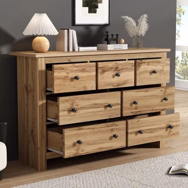 Credenza moderna con 7 cassetti in MDF effetto legno marrone opaco per cucina, soggiorno o ingresso, L: 152 cm, P: 40 cm, H: 89 cm