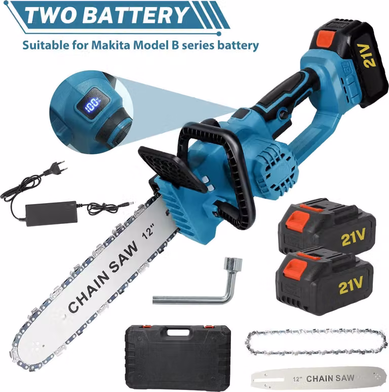 Troncatrice a catena elettrica - Motosega a batteria da 30 cm - Motore brushless da 2200 W - 2 batterie da 21 V - Spina di tipo europeo