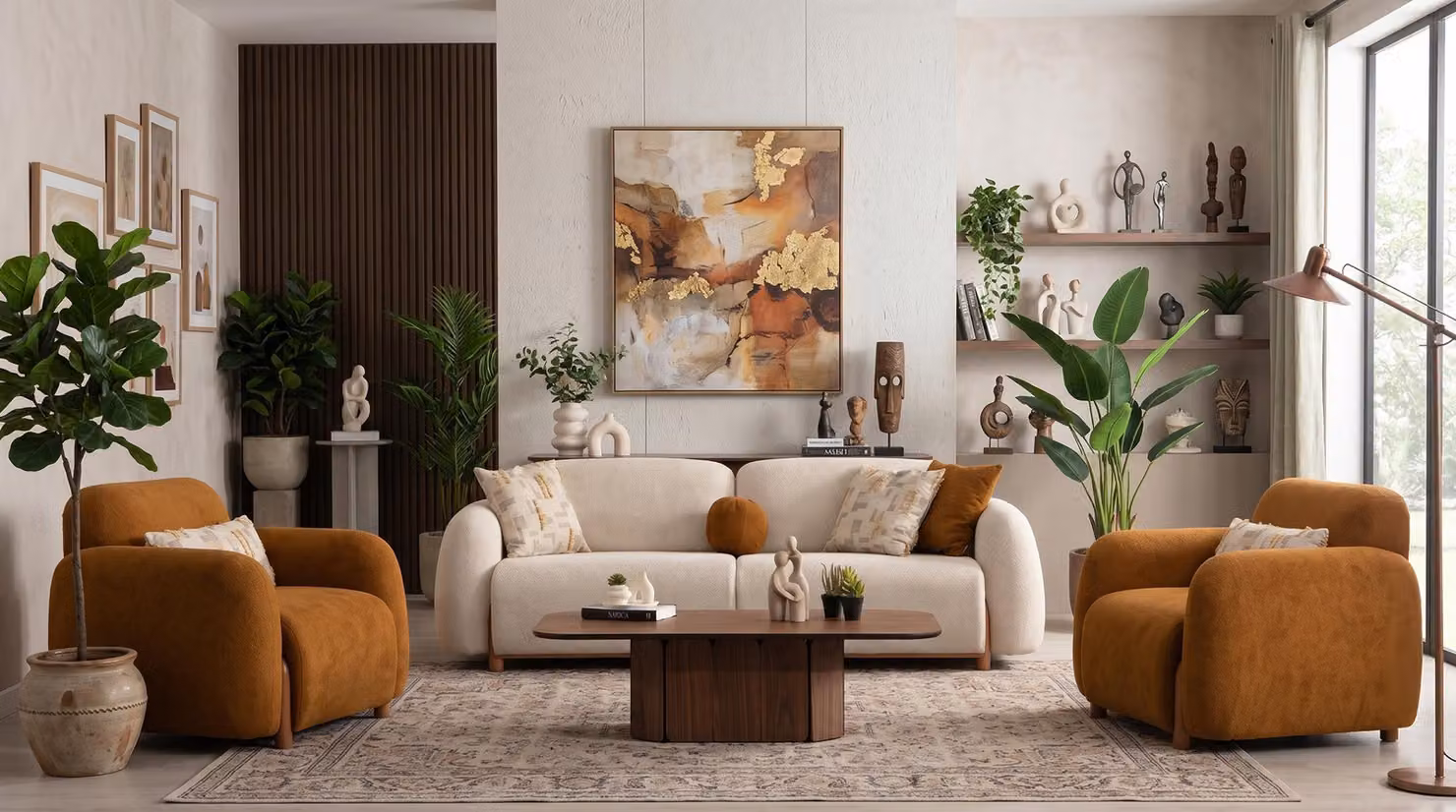 Wohnzimmer Set 3 Sitzer-Sofa Zwei Sessel Modern Beige Design