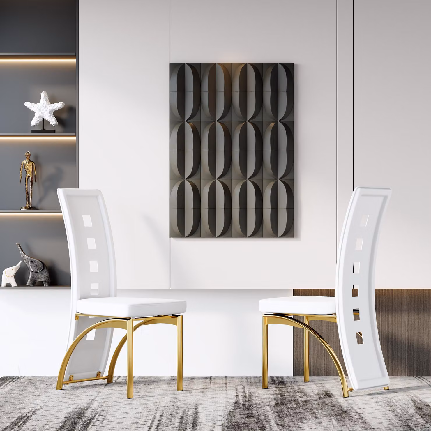 Set di 2 sedie da pranzo, motivo a fori, ecopelle, gambe in metallo, 102,5 cm, design moderno (bianco e oro)