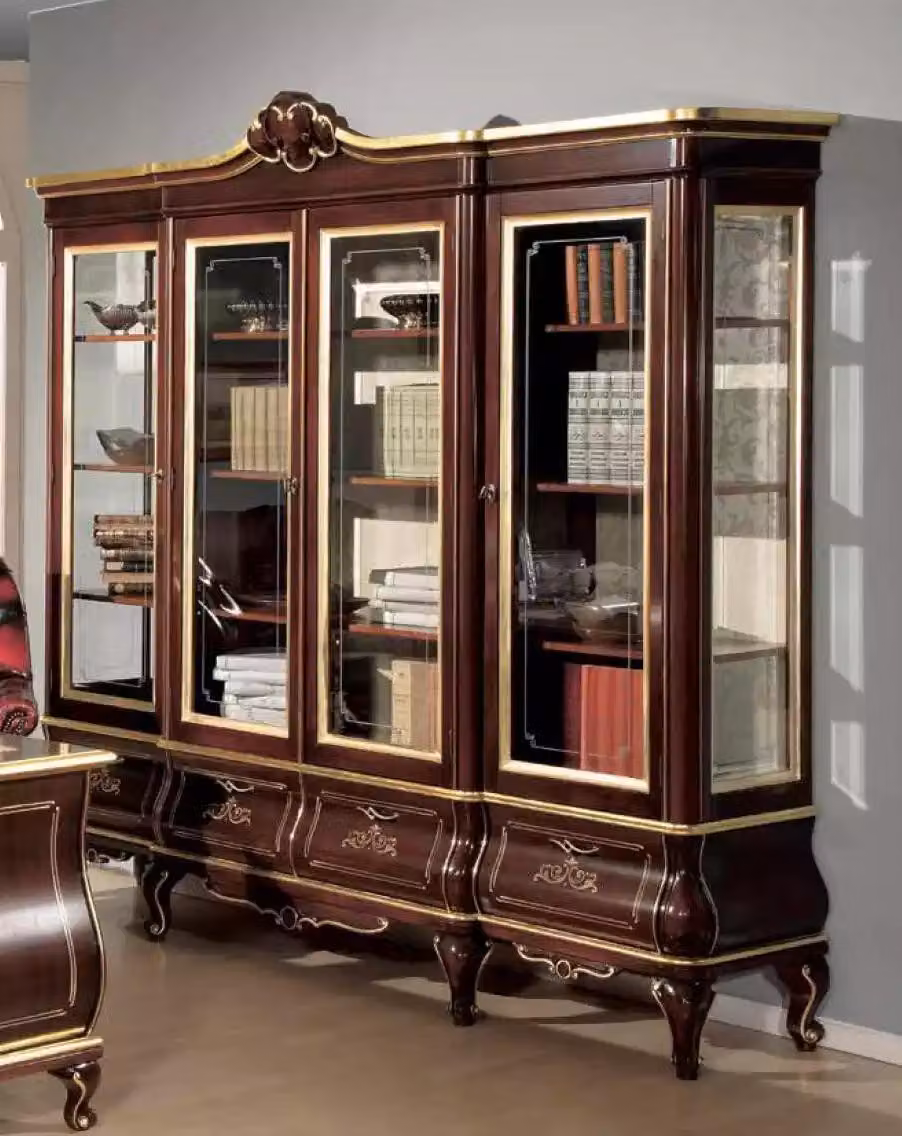 Klassisches Braunes Bücherregal Schubladen Glastüren Massivholz Möbel
