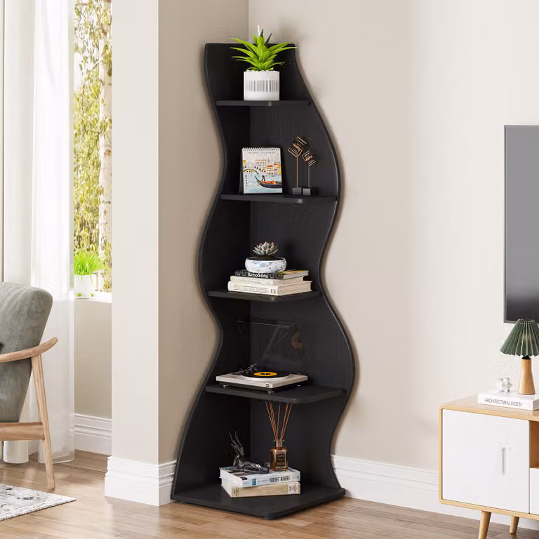 Tribesigns Scaffale ad angolo, altezza 183 cm, scaffale portaoggetti, libreria, porta piante, mobile organizzatore, 5 livelli, moderno, per casa, ufficio, soggiorno, nero
