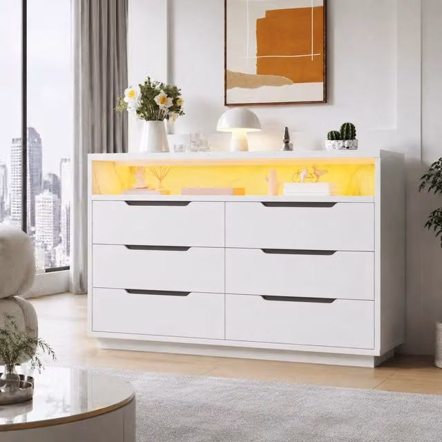 Madia bianca in pannello truciolare con LED; 6 cassetti e vano effetto marmo; 120x40x85 cm