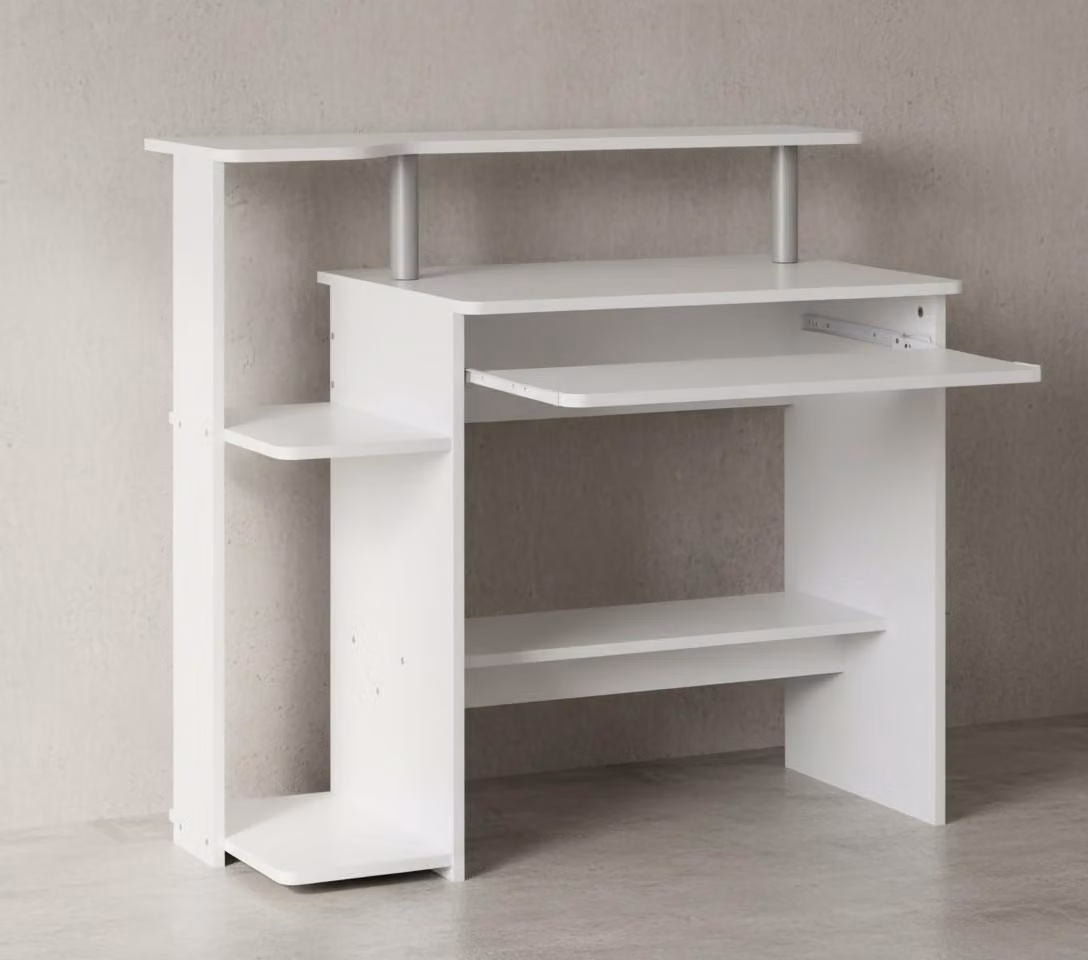 Scrivania per computer: design senza tempo, spazio di archiviazione, cassetto per la tastiera, truciolato, bianco. 94x48x90 cm | Kadima Design
