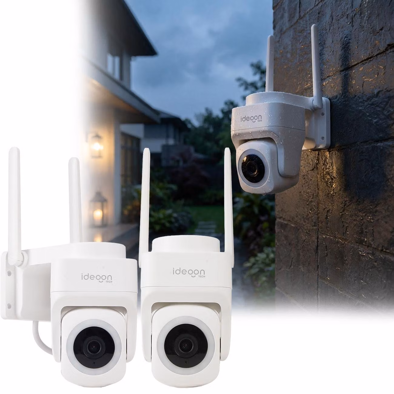 Set da 2 telecamere di sorveglianza da esterno 2K Wi-Fi IP65 resistenti alle intemperie: telecamera da esterno a 355° con riconoscimento delle persone, app, visione notturna e sistema di interfono