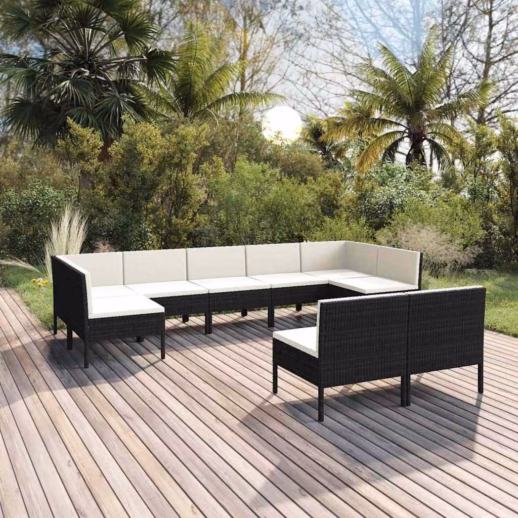 Set di divani da giardino vidaXL 9 pz con cuscini, design moderno a forma di L in rattan nero e struttura in metallo con coperture rimovibili