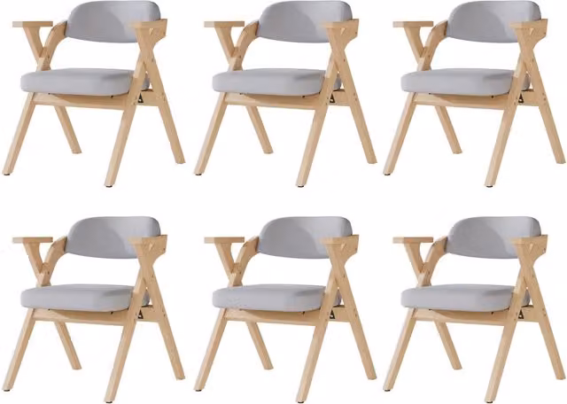 Set da 6 sedie pieghevoli in legno massello con cuscini in lino grigio per sala da pranzo e soggiorno