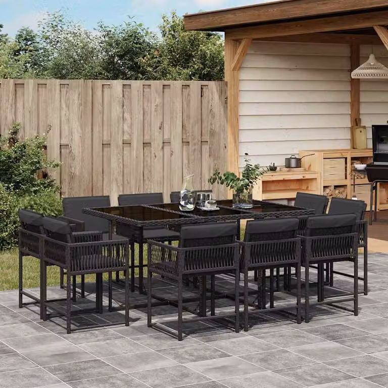 vidaXL Set da Pranzo da Giardino 11 pz in Polyrattan Nero con Cuscini e Tavolo in Vetro