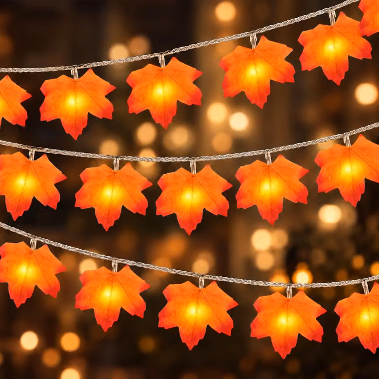 Catena luminosa a forma di foglie d'acero, lunghezza 3 metri, 20 LED, alimentazione a batteria, ideale per l'autunno