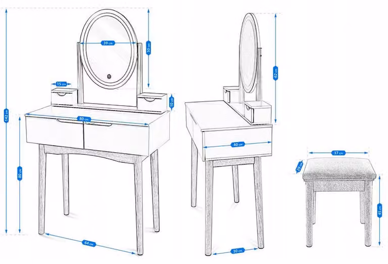 Tavolino da trucco con specchio illuminato a LED, 4 cassetti e finitura bianco opaco con dettagli in legno di betulla