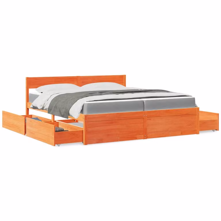 Letto con cassetti e materasso vidaXL in legno massello di pino color marrone cera L/P/H: 200 x 200 x 205,5 cm
