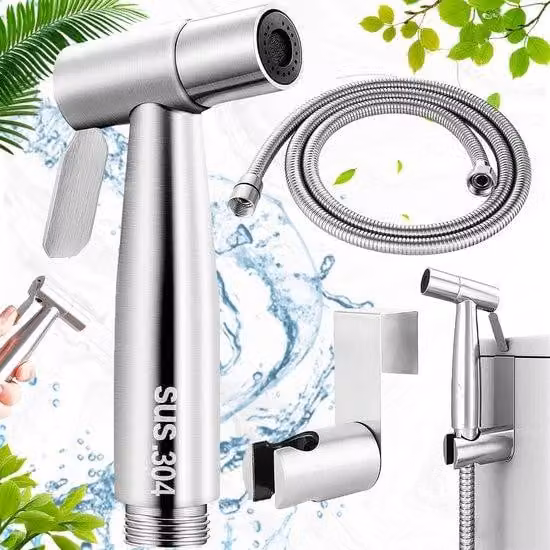 Set di doccetta manuale Ibenzoa® in acciaio inossidabile (304) – con regolazione dell'intensità del getto, tubo antideflagrante da 150 cm, supporto, per bidet e bagno, attacco da 1/2 pollice