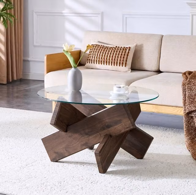 Tavolino da caffè rotondo in MDF effetto noce e vetro, Ø 79 cm