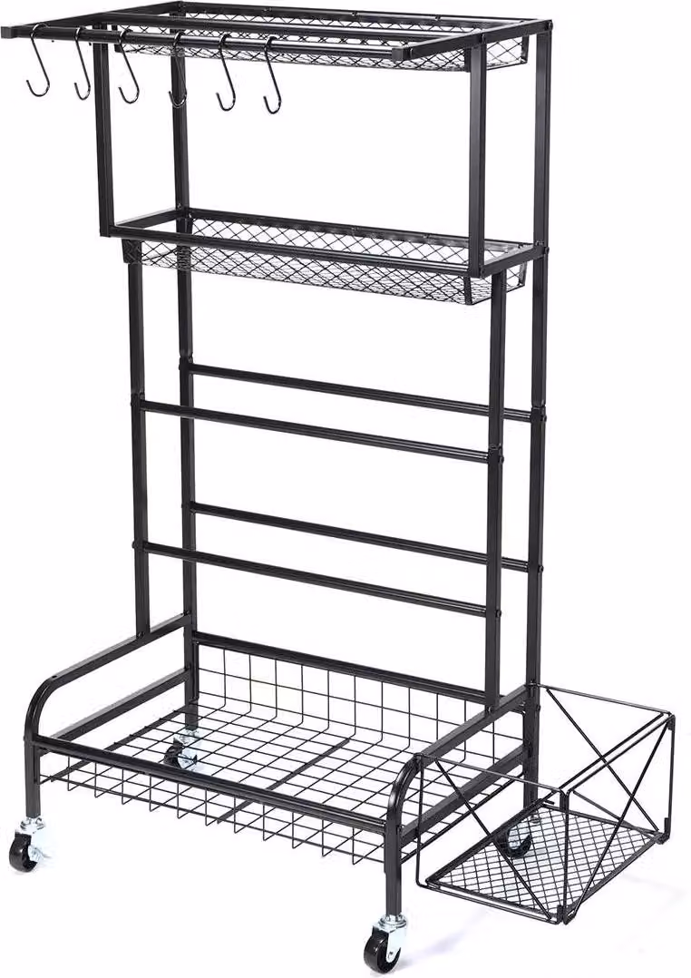 Scaffale di stoccaggio - Scaffale in metallo con rotelle - 4 livelli - A pavimento - Per gli attrezzi - Salvaspazio - Nero