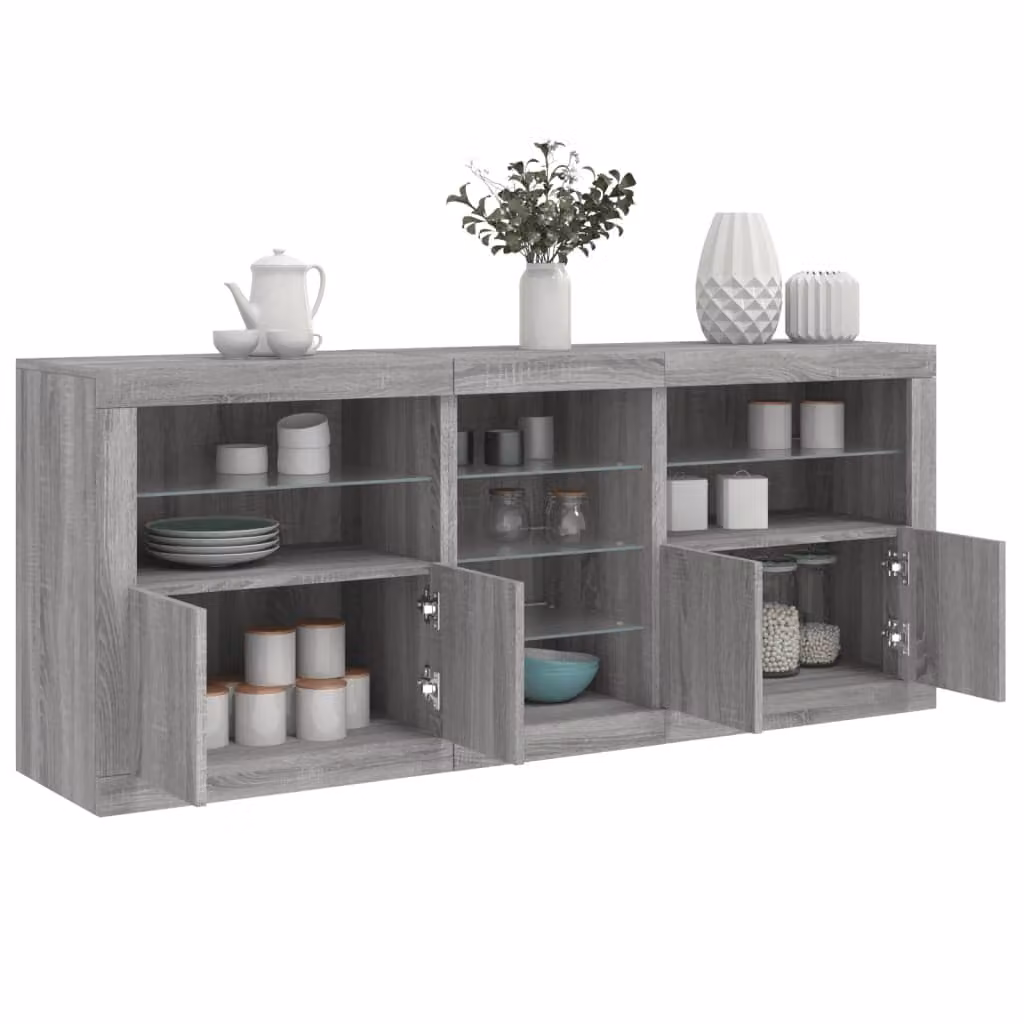 Credenza moderna vidaXL con luci LED in legno e MDF, colore Grigio Sonoma, L: 181,5 cm, P: 37 cm, H: 67 cm