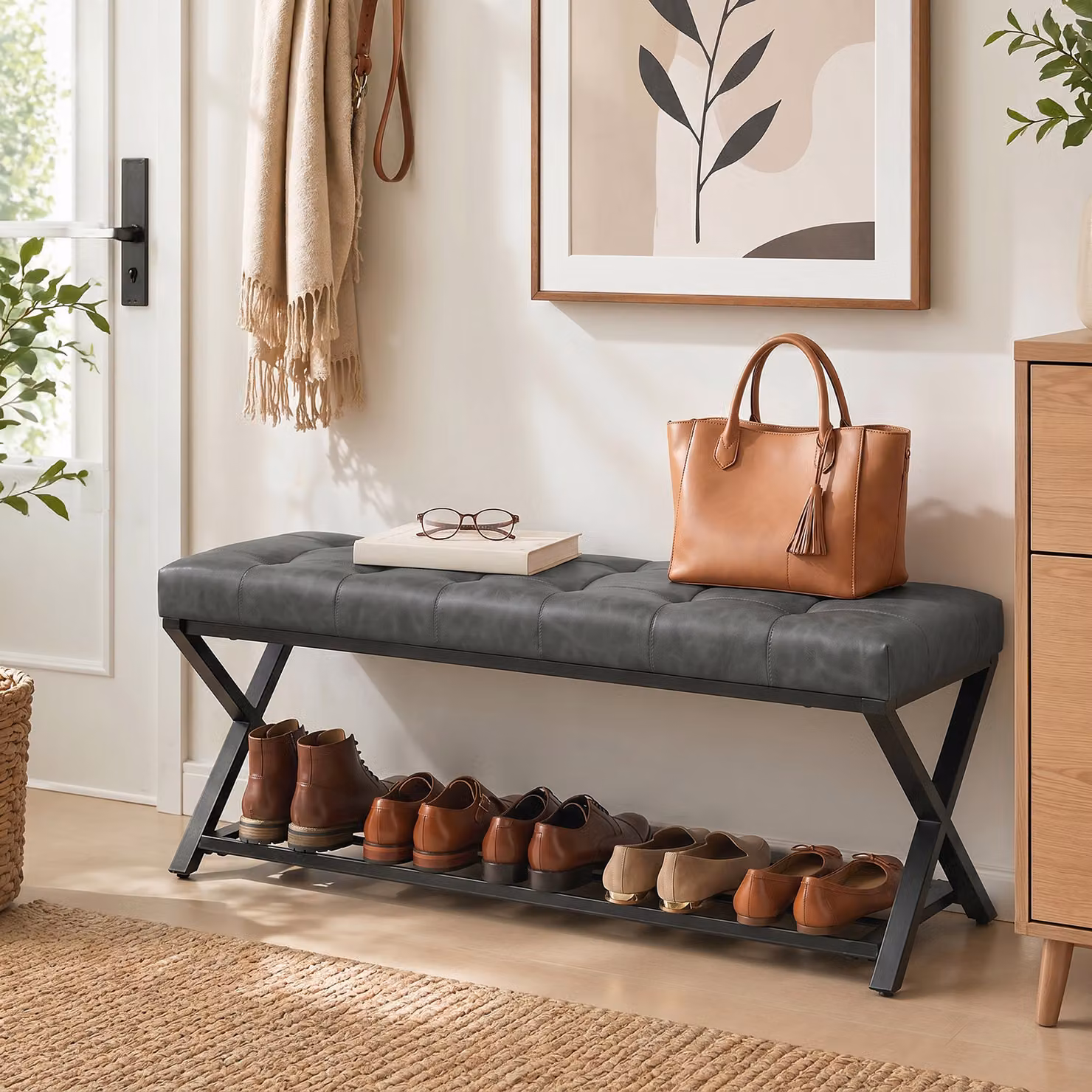 Panca porta scarpe d'ingresso HOMCOM con rivestimento in ecopelle, Grigio scuro, L: 112 cm, P: 37 cm, H: 47 cm – 2